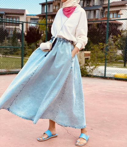 Long Cotton Jeans Skirt - Light Blue / Maxi Denim Rok