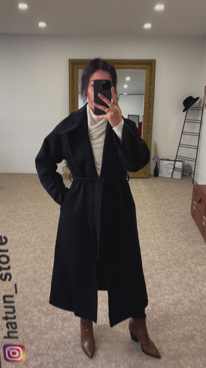 Waterproof Double Breasted Wool Black Coat