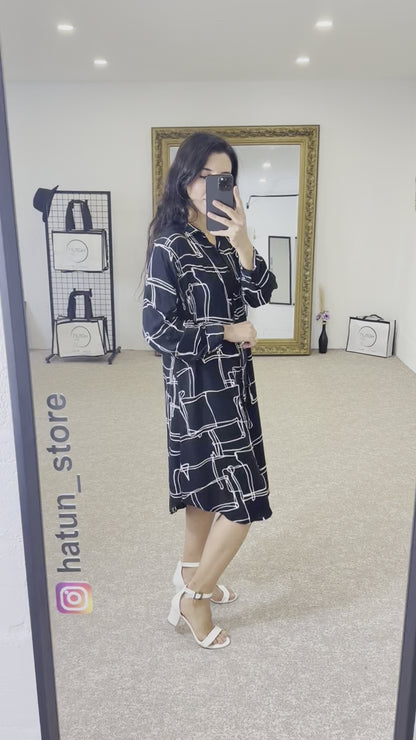 Black tunic shirt dress, white patterned