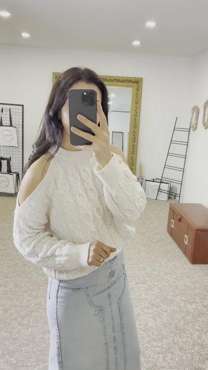 Open Shoulder Knit Sweater- Off White