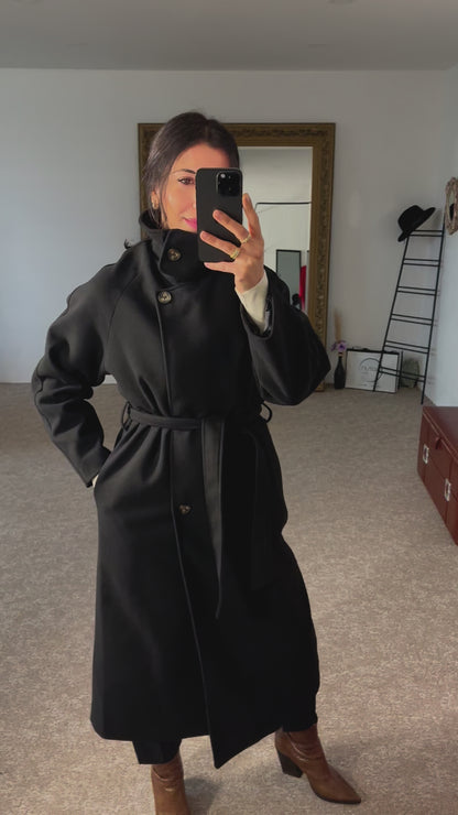 Waterproof Double Breasted Wool Black Coat