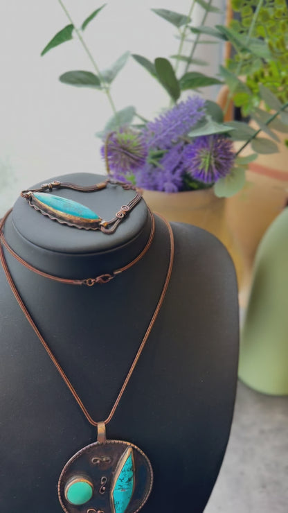 Handmade blue natural stone copper necklace and copper bangle set