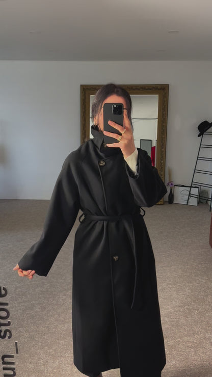 Waterproof Double Breasted Wool Black Coat