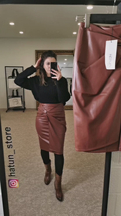 HIGH WAISTED VEGAN LEATHER WRAP-UP SKIRT, COGNAC