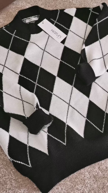 Argyle Pattern Sweater - Black White