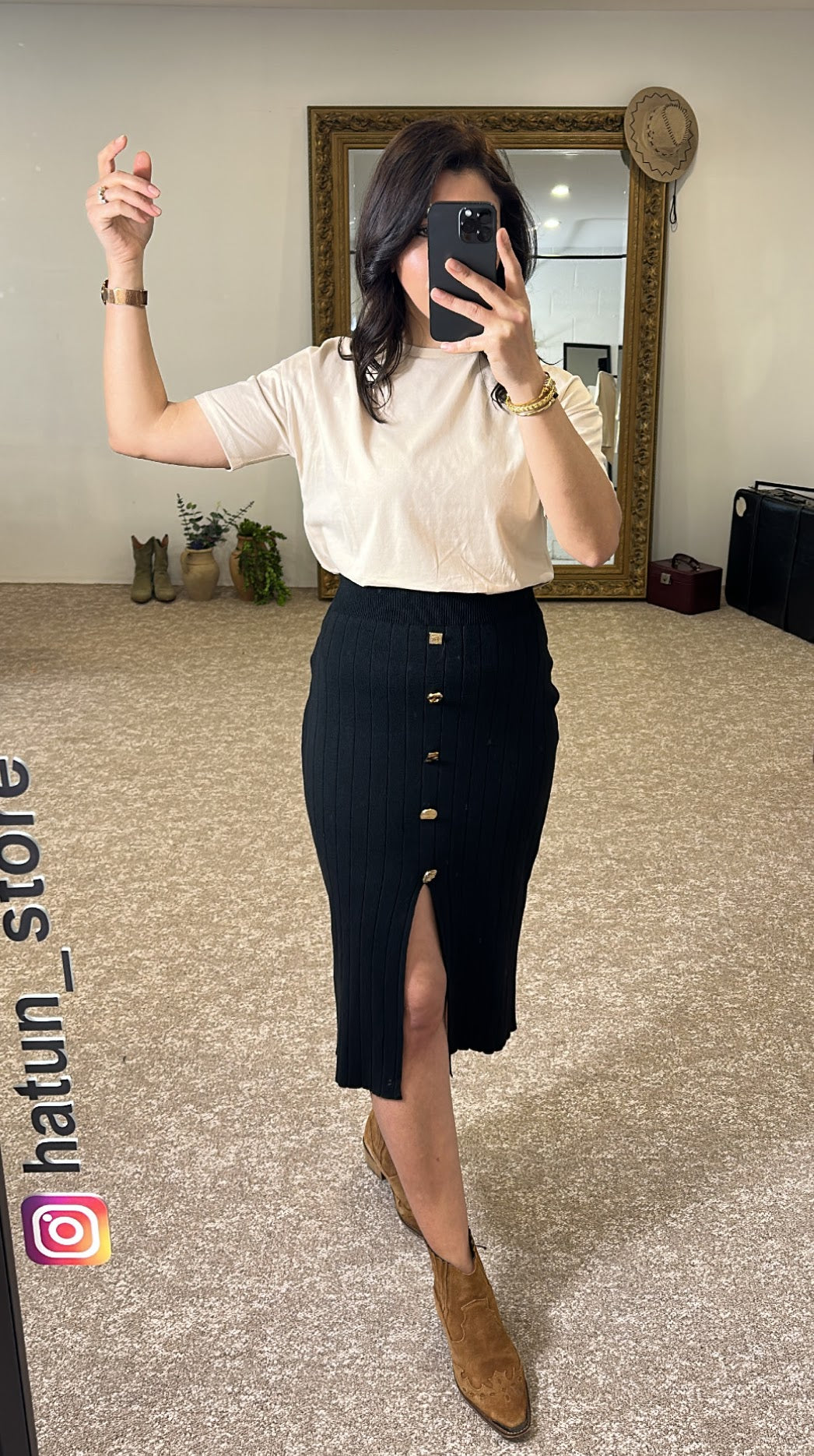 Pencil Skirt With Slit and Gold Buttons - Black