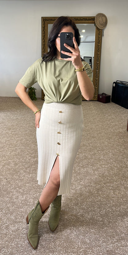 Pencil Skirt With Slit and Gold Buttons - Beige