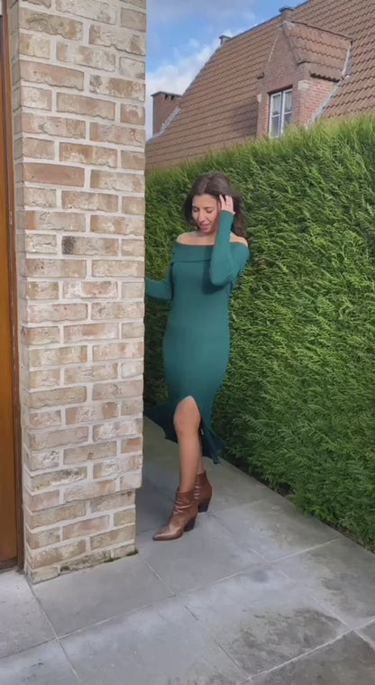 OFF-SHOULDER Emerald Green Knitwear Dress - Gebreide jurk