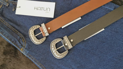 3,5 cm wide  leather belt black - silver buckle