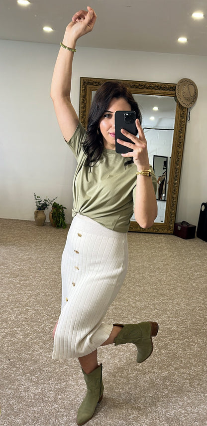 Pencil Skirt With Slit and Gold Buttons - Beige