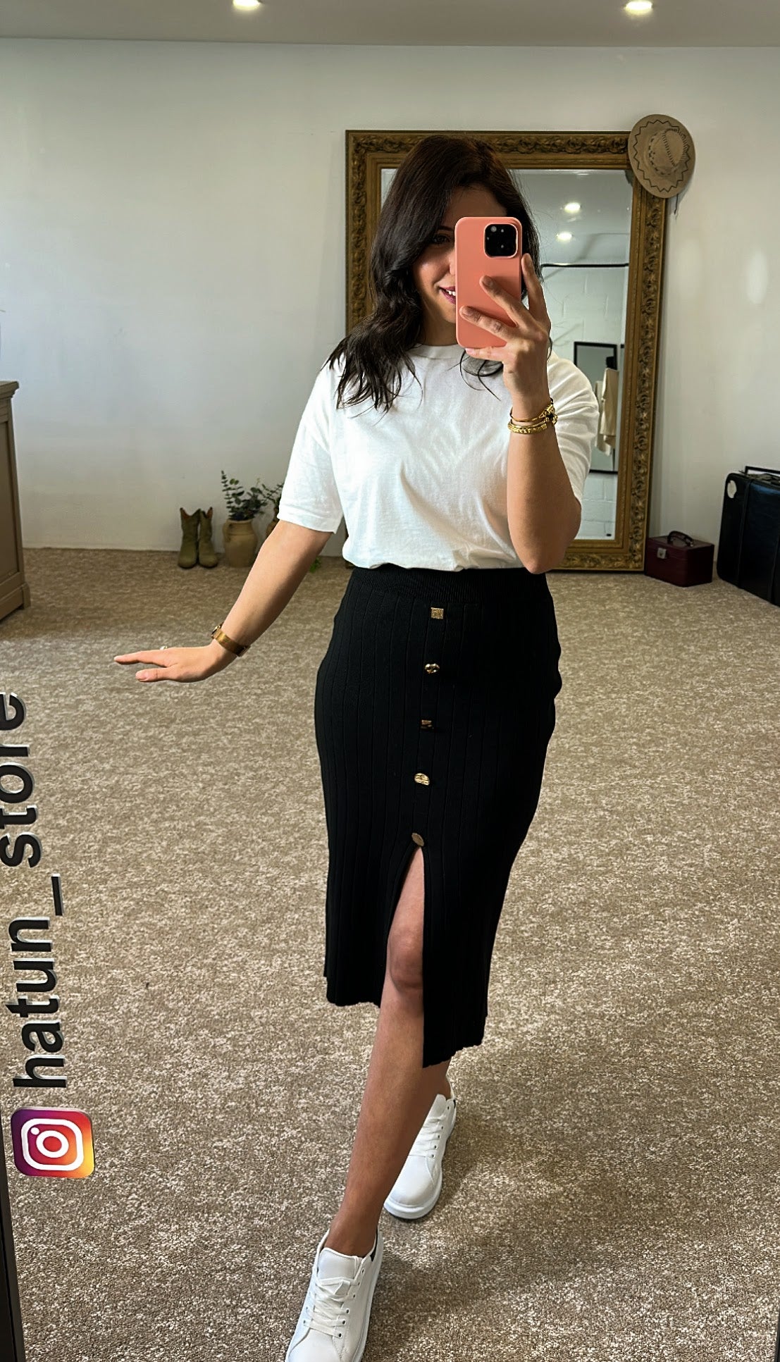 Pencil Skirt With Slit and Gold Buttons - Black