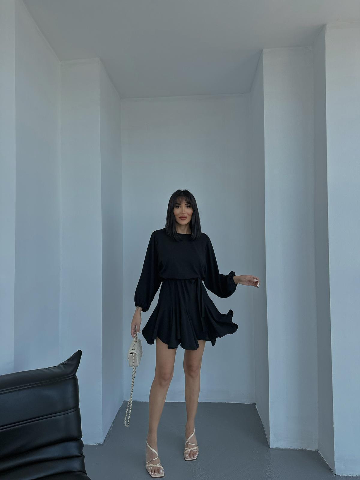 Short Dress, Long Sleeve, Ruffled - Black