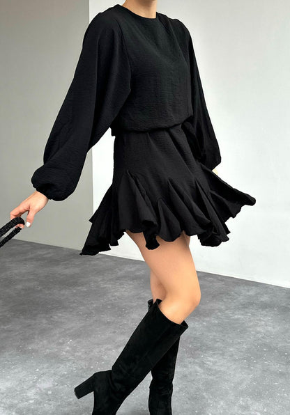 Short Dress, Long Sleeve, Ruffled - Black