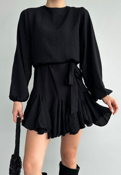 Short Dress, Long Sleeve, Ruffled - Black