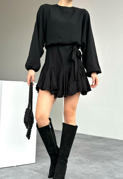 Short Dress, Long Sleeve, Ruffled - Black