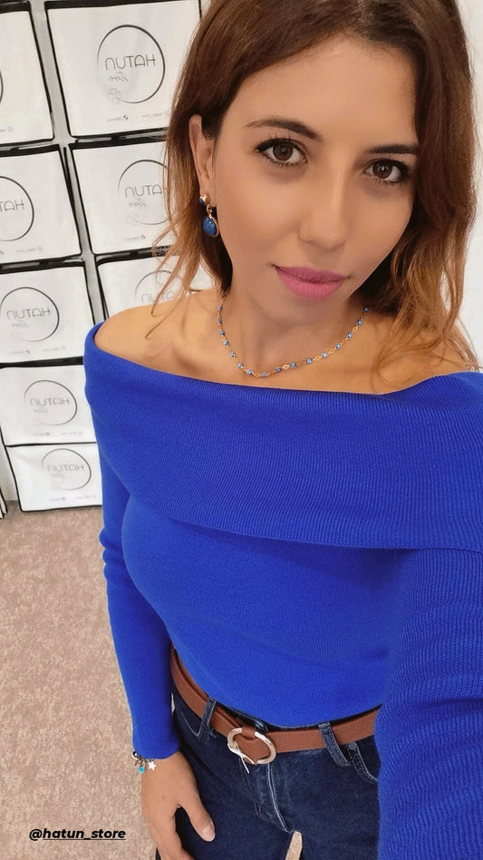 Off-shoulder Sweater - Blue
