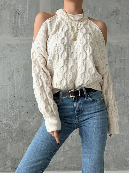 Open Shoulder Knit Sweater- Off White