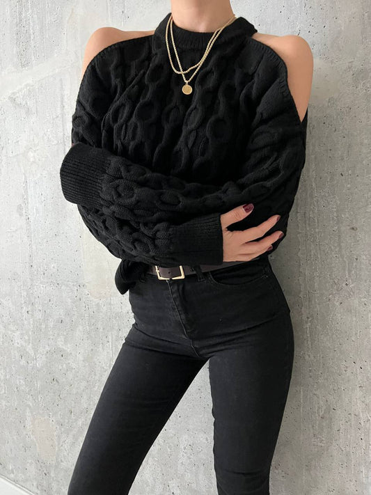 Black Open Shoulder Knit Sweater