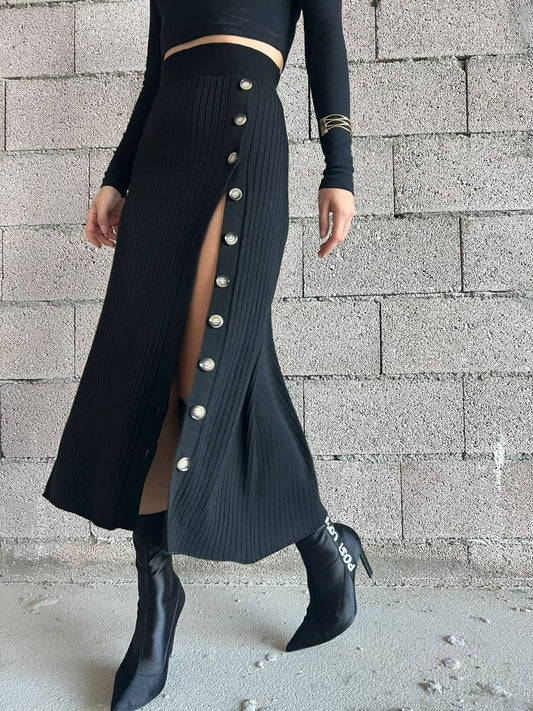 Ribbed Knits Black Midi Skirt with Natural Shell Buttons
