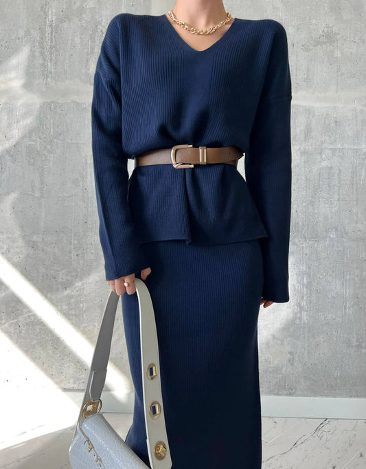 KNITTED 2 PIECE SET WITH SWEATER & PENCIL SKIRT - NAVY BLUE