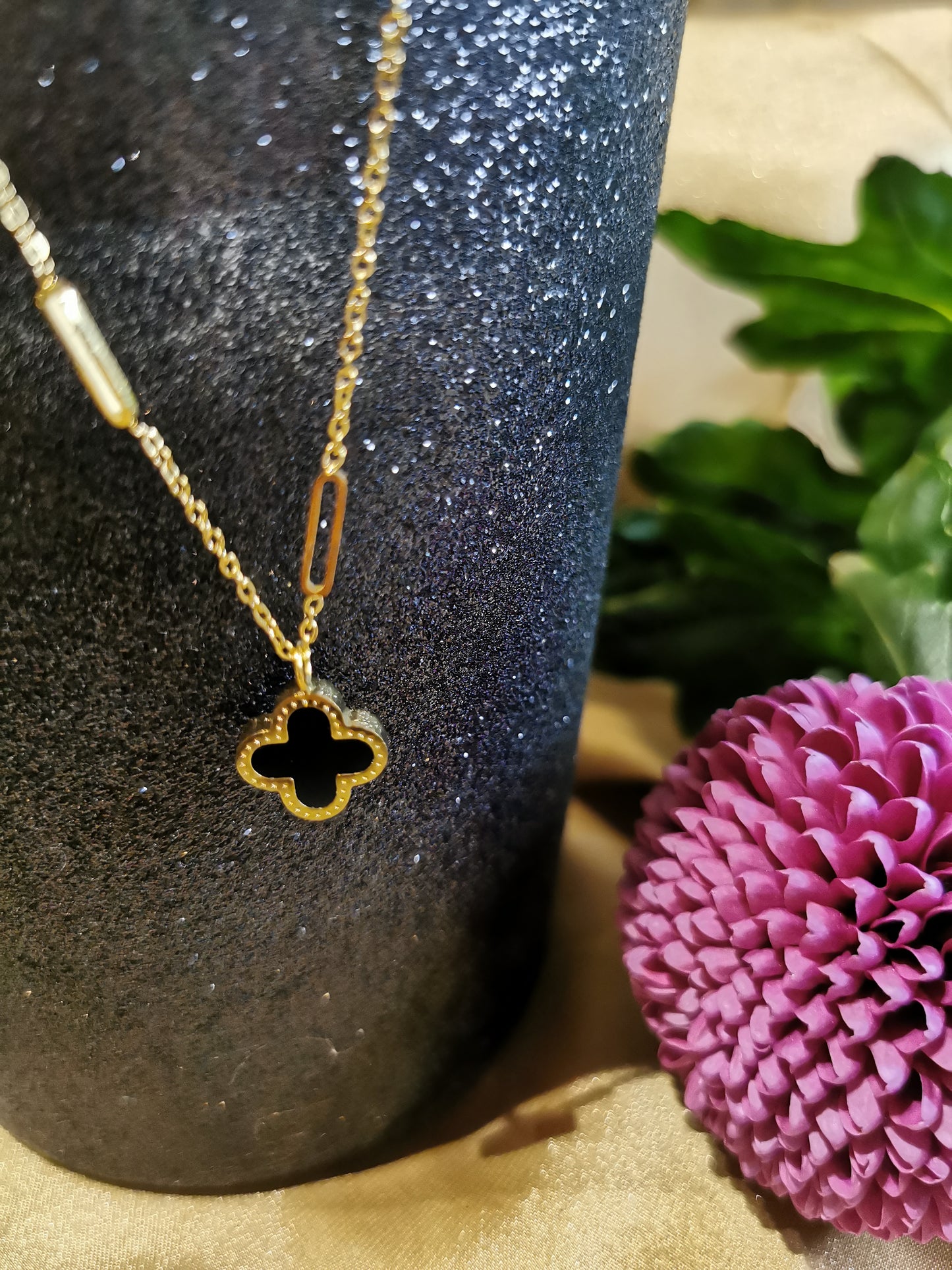 Steel Gold Color Black Clover Necklace