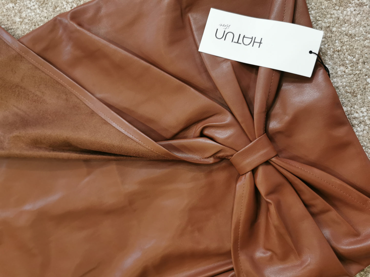 HIGH WAISTED VEGAN LEATHER WRAP-UP SKIRT, COGNAC