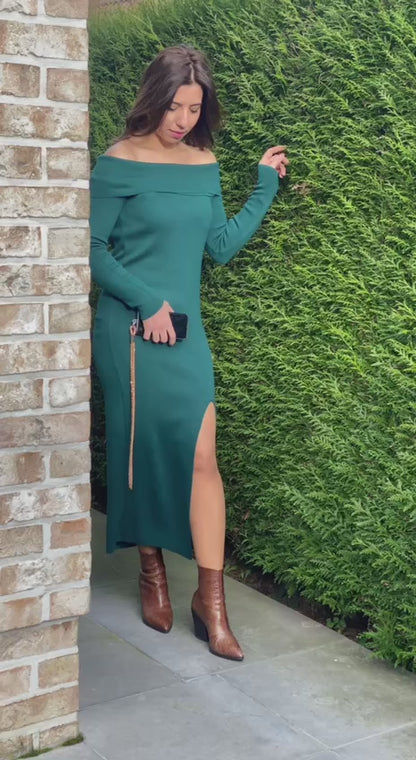 OFF-SHOULDER Emerald Green Knitwear  Dress - Gebreide jurk