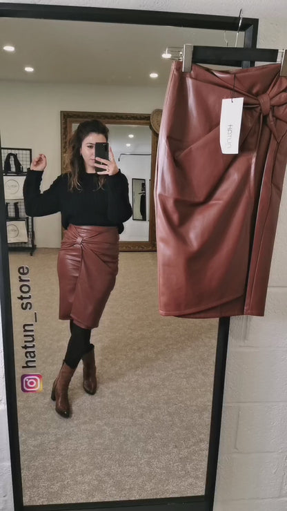 HIGH WAISTED VEGAN LEATHER WRAP-UP SKIRT, COGNAC