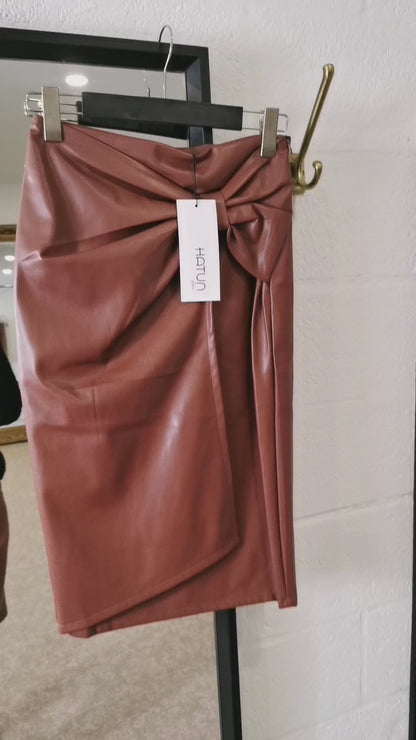 HIGH WAISTED VEGAN LEATHER WRAP-UP SKIRT, COGNAC